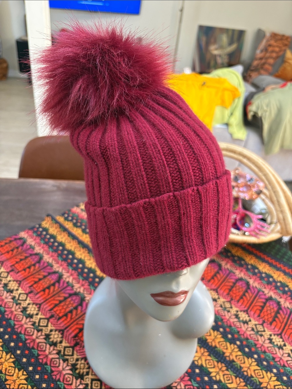 Saks Fifth Avenue Bordeaux Ribbed Beanie with Pom Pom